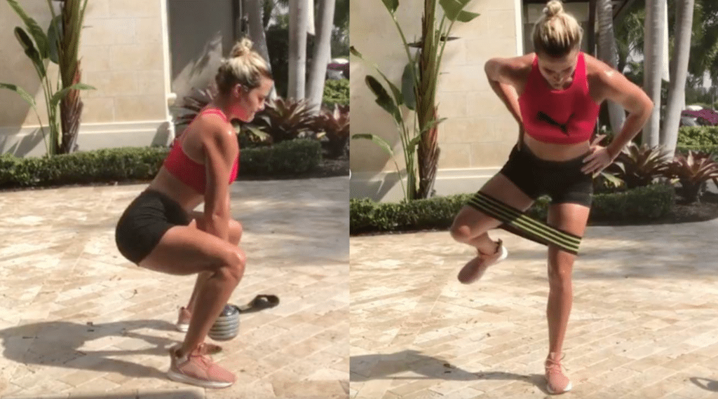 Lexi Thompson workout in standing position employing best golf exercises for hip flexors, left hip, moving back right foot standing on one foot for a few seconds for more physical activity.