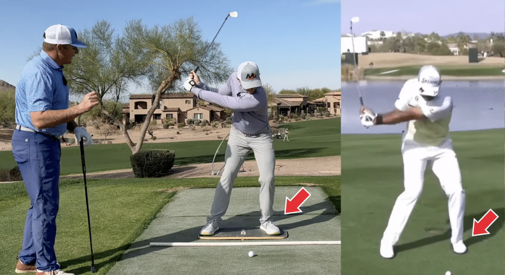 Hideki Matsuyama, Henry Fall, and Milo Lines exemplifying proper weight shift in golf swing to get to lead side with irons off the ground