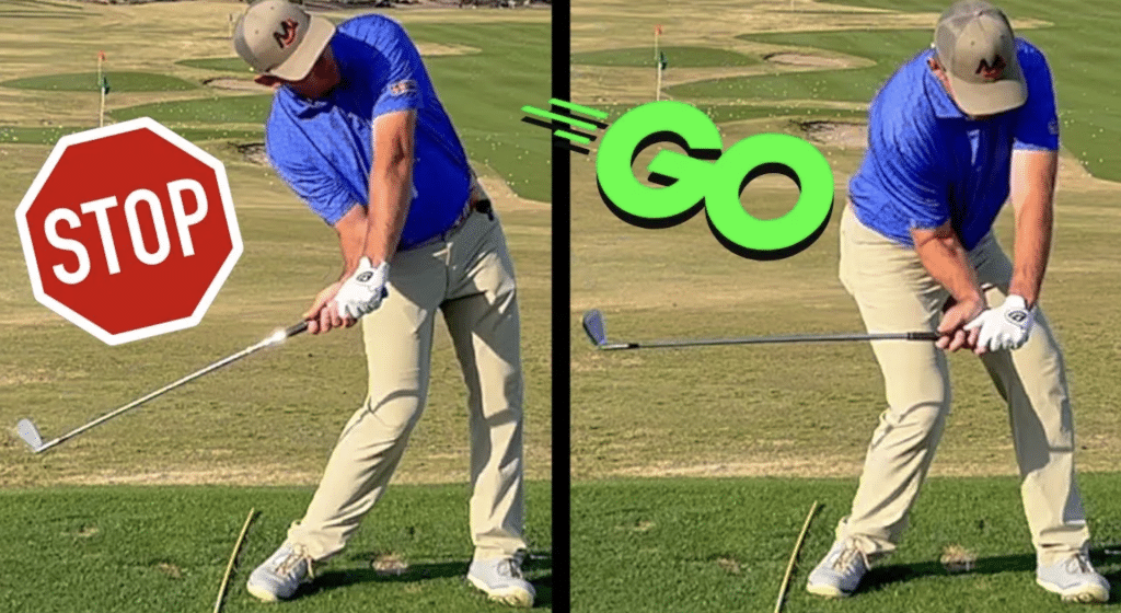 Milo Lines demonstrating a tilt vs a stacked upper body in the downswing for proper weight shift in golf swing.