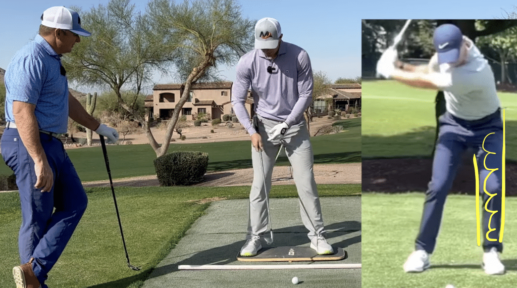 Rory McIlroy, Milo Lines, and Henry Fall showing how to recenter and get upper body and lower body stacked up in golf swing in transition.
